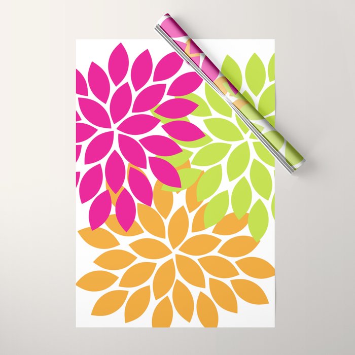 Bold Colorful Hot Pink Lime Orange Dahlia Flower Burst Petals Wrapping Paper Gallery Image 1