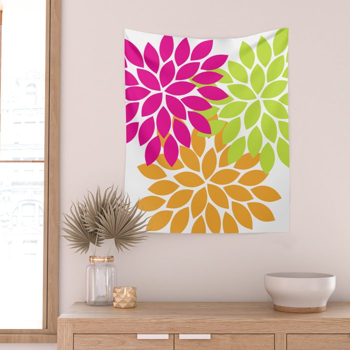 Bold Colorful Hot Pink Lime Orange Dahlia Flower Burst Petals Wall Tapestry Gallery Image 2