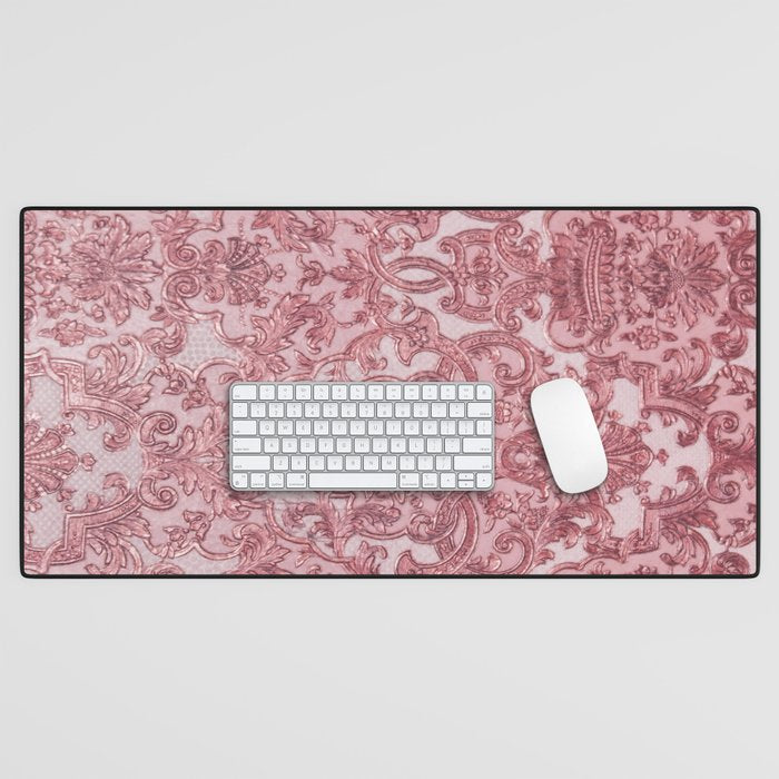 Elegant chic pink burgundy grunge floral damask Desk Mat Gallery Image 1