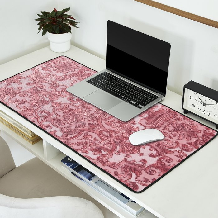 Elegant chic pink burgundy grunge floral damask Desk Mat Gallery Image 2