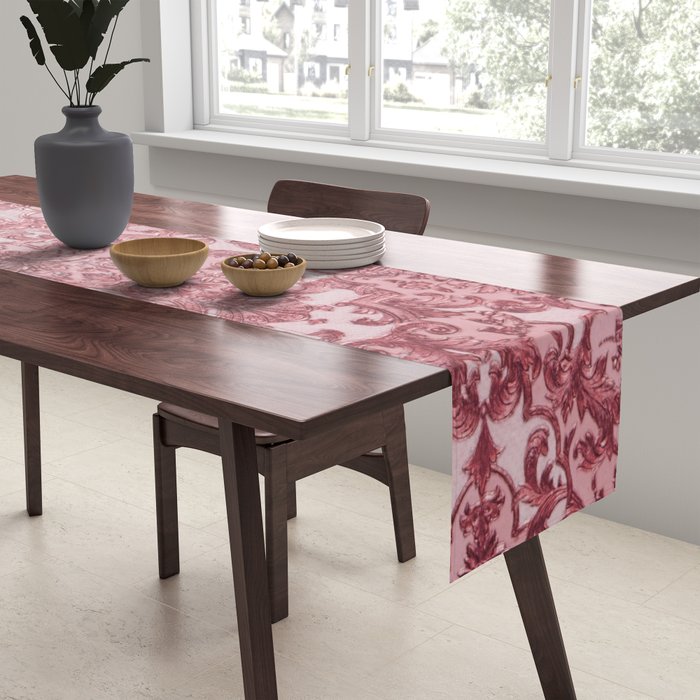 Elegant chic pink burgundy grunge floral damask Table Runner Gallery Image 2