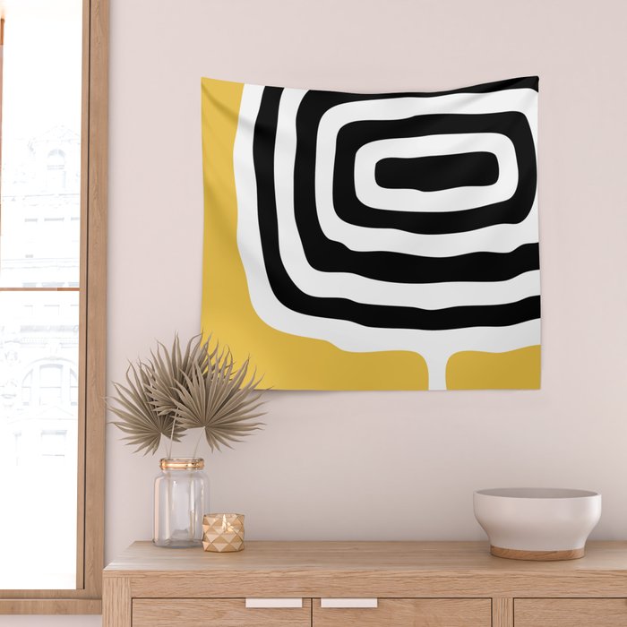 Mid Century Modern Atomic Rings 222 Yellow and Black Wall Tapestry Gallery Image 2