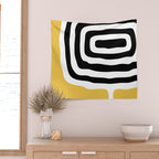 Mid Century Modern Atomic Rings 222 Yellow and Black Wall Tapestry Gallery Image 2