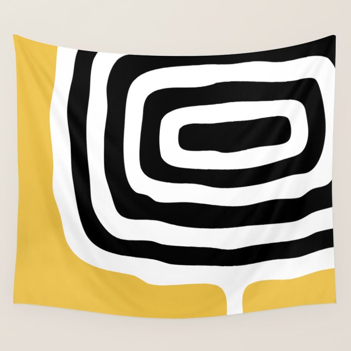Mid Century Modern Atomic Rings 222 Yellow and Black Wall Tapestry Gallery Image 1