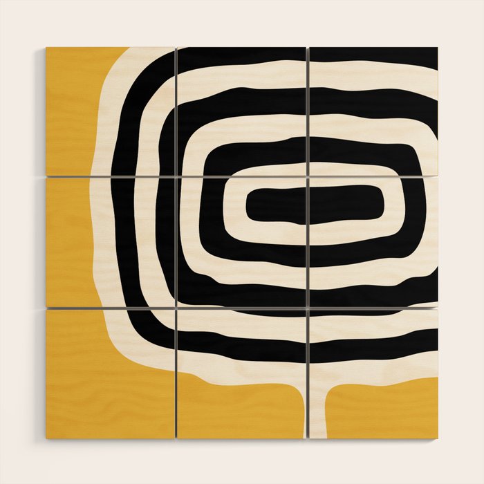 Mid Century Modern Atomic Rings 222 Yellow and Black Wood Wall Art Gallery Image 1