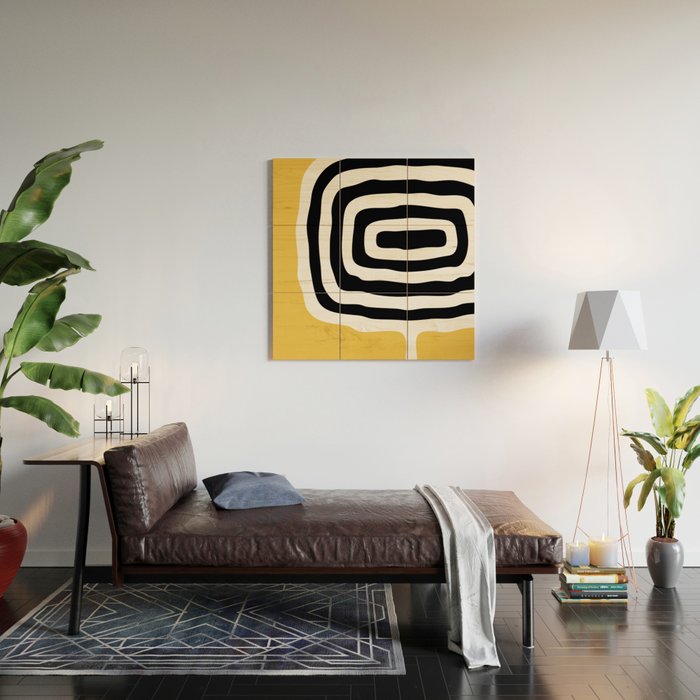 Mid Century Modern Atomic Rings 222 Yellow and Black Wood Wall Art Gallery Image 2