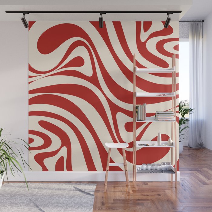 New Groove Retro Swirl Abstract Pattern in Red and Almond Cream Wall Mural Gallery Image 1