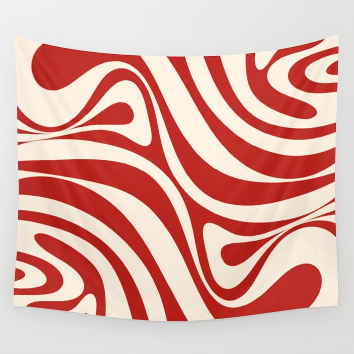 New Groove Retro Swirl Abstract Pattern in Red and Almond Cream Wall Tapestry Gallery Image 1