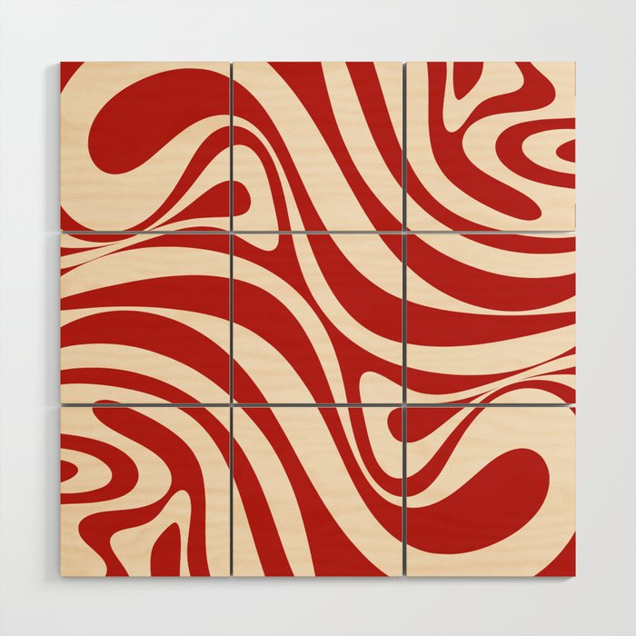 New Groove Retro Swirl Abstract Pattern in Red and Almond Cream Wood Wall Art Gallery Image 1