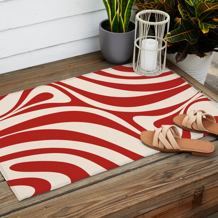 New Groove Retro Swirl Abstract Pattern in Red and Almond Cream Outdoor Rug Gallery Image 2