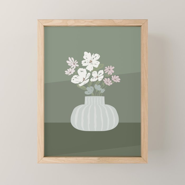 Wildflower bouquet in vase illustration - muted pink, beige and sage green flowers  Mini Art Print Gallery Image 1