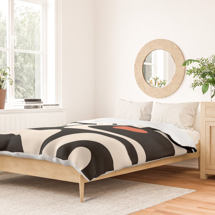 Retro Piquet Mid Century Modern Abstract Pattern in Black, Orange, and Almond Cream Duvet Cover Gallery Image 2