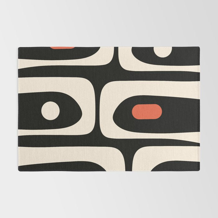 Retro Piquet Mid Century Modern Abstract Pattern in Black, Orange, and Almond Cream Rug Gallery Image 2