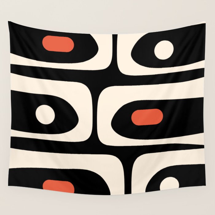 Retro Piquet Mid Century Modern Abstract Pattern in Black, Orange, and Almond Cream Wall Tapestry Gallery Image 4