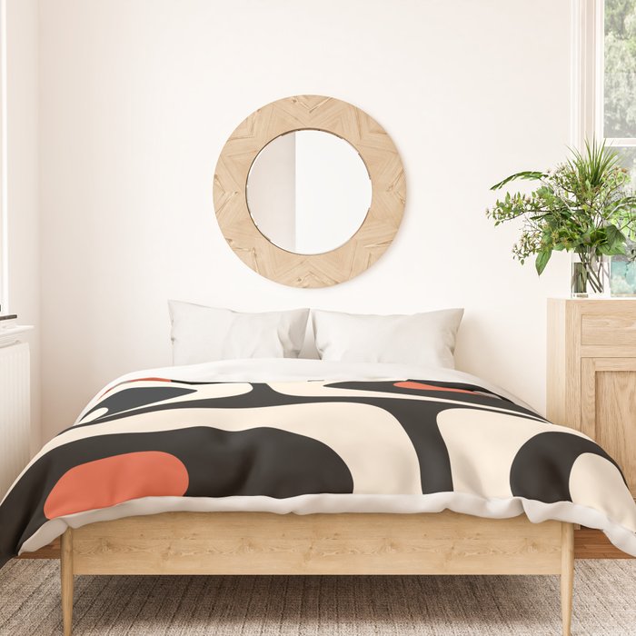 Retro Piquet Mid Century Modern Abstract Pattern in Black, Orange, and Almond Cream Duvet Cover Gallery Image 3