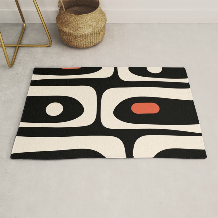Retro Piquet Mid Century Modern Abstract Pattern in Black, Orange, and Almond Cream Rug Gallery Image 1