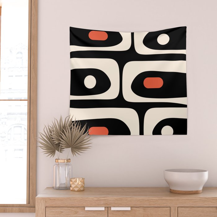 Retro Piquet Mid Century Modern Abstract Pattern in Black, Orange, and Almond Cream Wall Tapestry Gallery Image 2