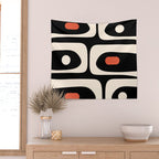 Retro Piquet Mid Century Modern Abstract Pattern in Black, Orange, and Almond Cream Wall Tapestry Gallery Image 2