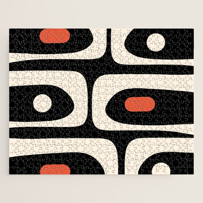 Retro Piquet Mid Century Modern Abstract Pattern in Black, Orange, and Almond Cream Jigsaw Puzzle Gallery Image 1