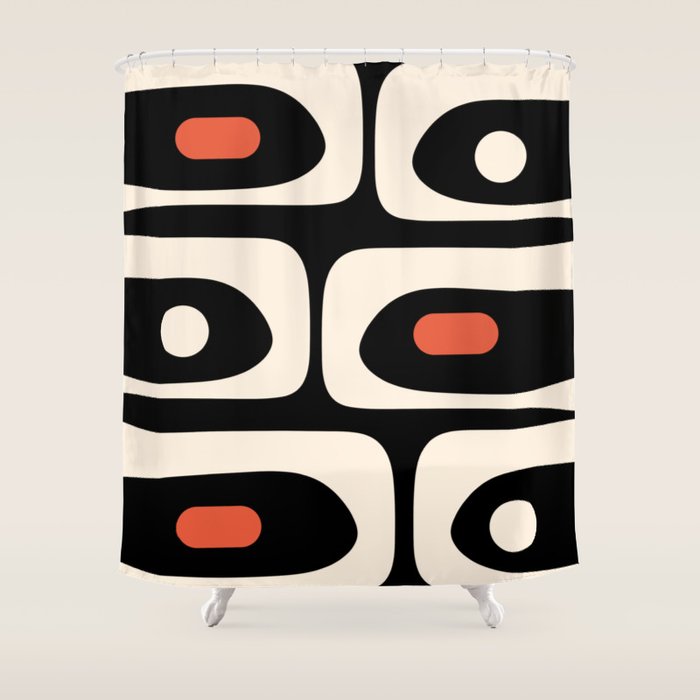 Retro Piquet Mid Century Modern Abstract Pattern in Black, Orange, and Almond Cream Shower Curtain Gallery Image 1