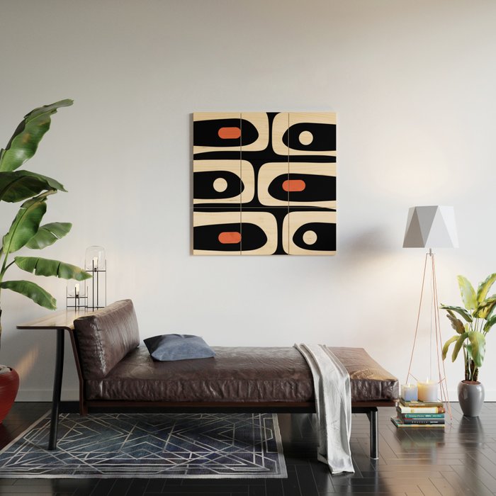 Retro Piquet Mid Century Modern Abstract Pattern in Black, Orange, and Almond Cream Wood Wall Art Gallery Image 2