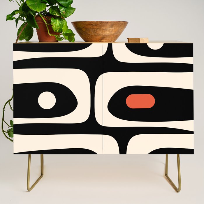 Retro Piquet Mid Century Modern Abstract Pattern in Black, Orange, and Almond Cream Credenza Gallery Image 1