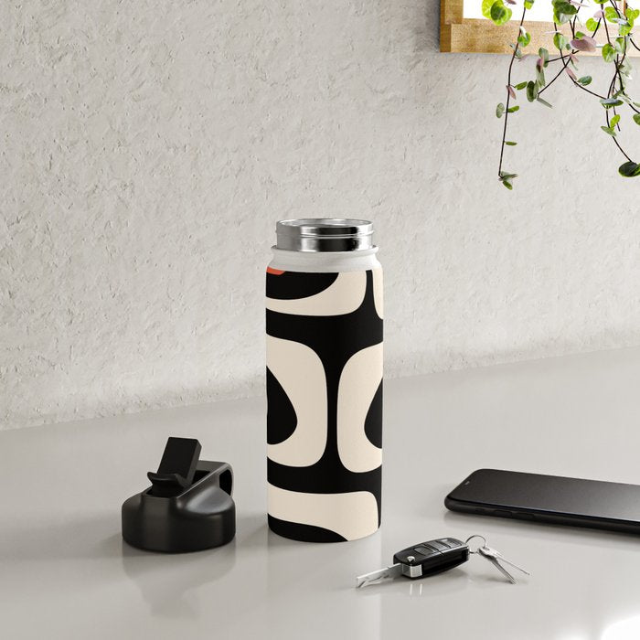 Retro Piquet Mid Century Modern Abstract Pattern in Black, Orange, and Almond Cream Water Bottle Gallery Image 4