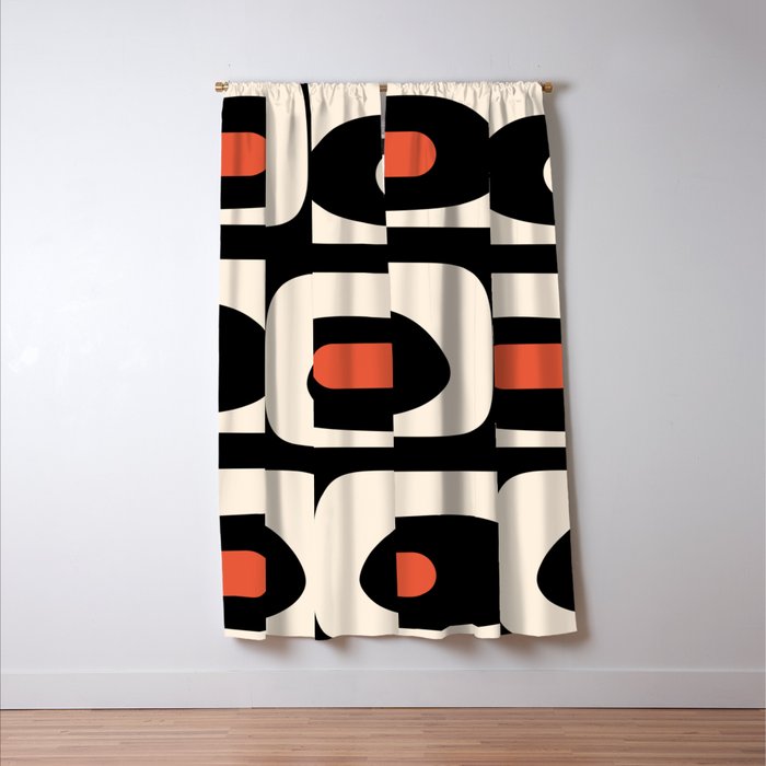 Retro Piquet Mid Century Modern Abstract Pattern in Black, Orange, and Almond Cream Window Curtain Gallery Image 3