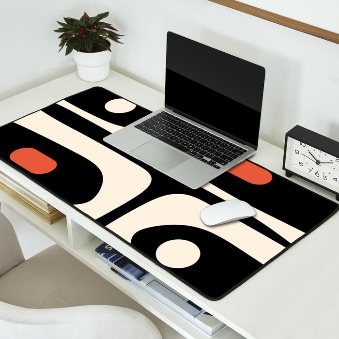 Retro Piquet Mid Century Modern Abstract Pattern in Black, Orange, and Almond Cream Desk Mat Gallery Image 2