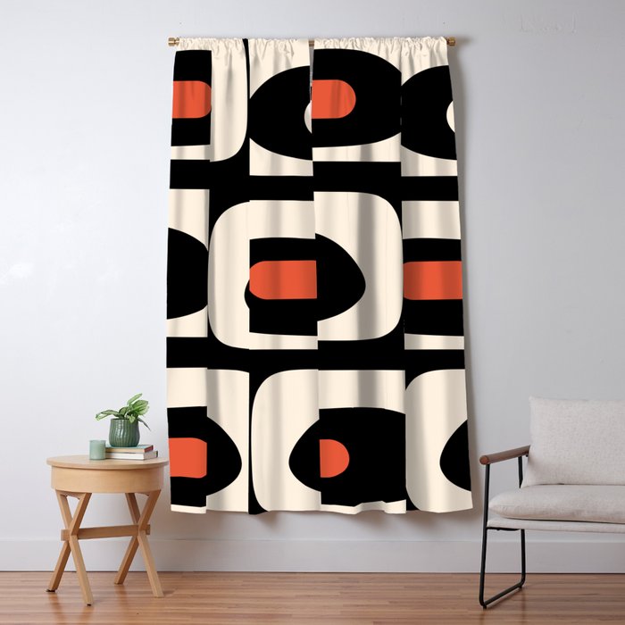 Retro Piquet Mid Century Modern Abstract Pattern in Black, Orange, and Almond Cream Window Curtain Gallery Image 1