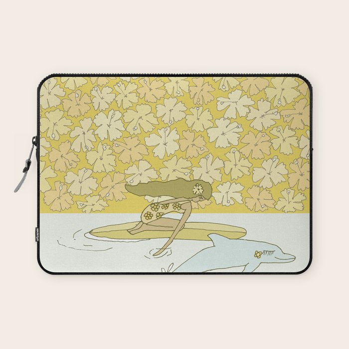 follow the dolphins to paradise ~ hibiscus // retro surf art by surfy birdy Laptop Sleeve Gallery Image 1
