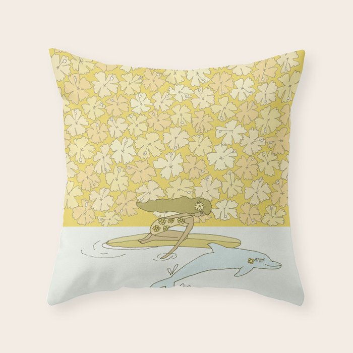 follow the dolphins to paradise ~ hibiscus // retro surf art by surfy birdy Throw Pillow Gallery Image 1