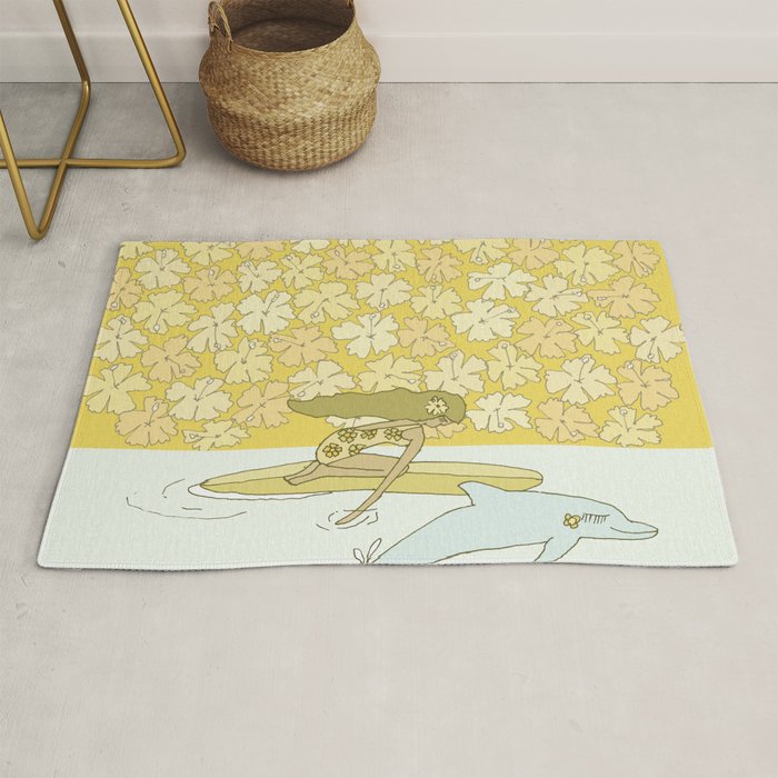 follow the dolphins to paradise ~ hibiscus // retro surf art by surfy birdy Rug Gallery Image 1