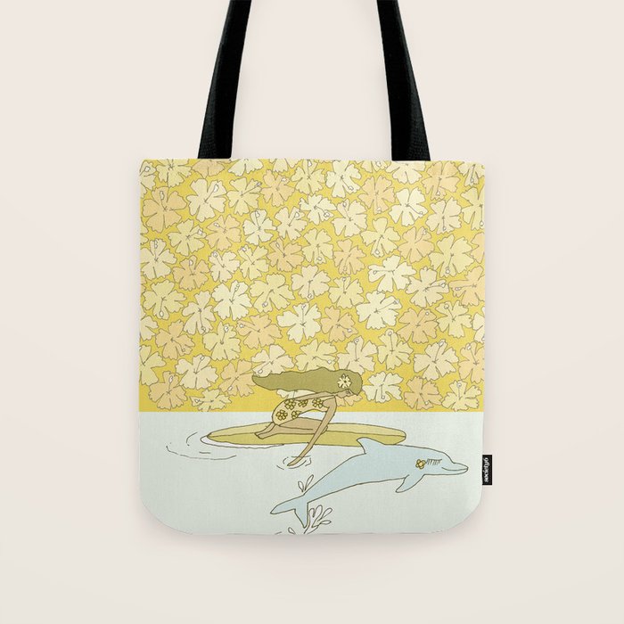 follow the dolphins to paradise ~ hibiscus // retro surf art by surfy birdy Tote Bag Gallery Image 1