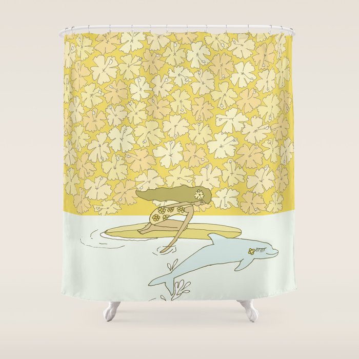 follow the dolphins to paradise ~ hibiscus // retro surf art by surfy birdy Shower Curtain Gallery Image 1