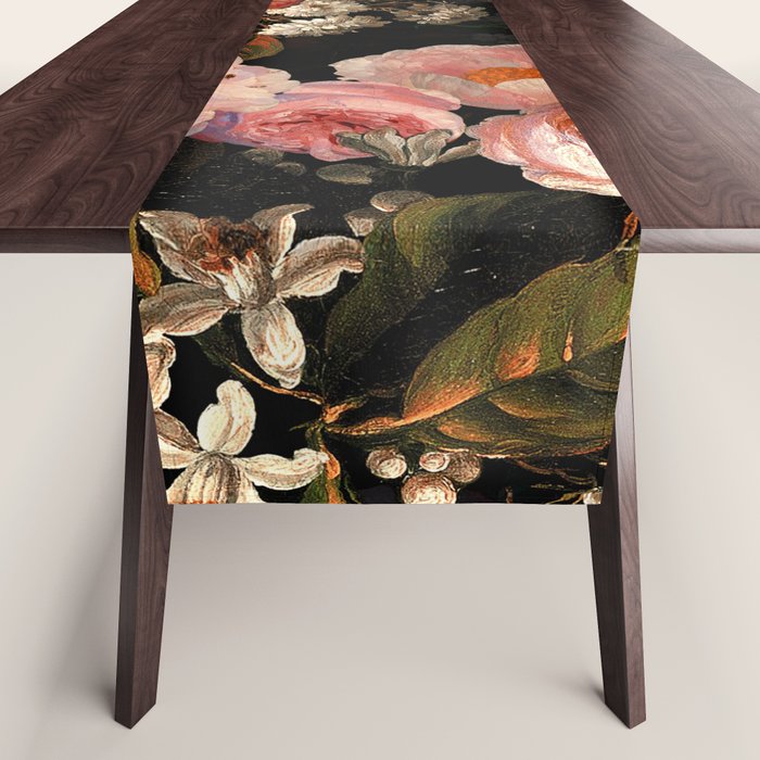 Antique Botanical Shiny Peach Roses And Chamomile Midnight Garden 2 Table Runner Gallery Image 1
