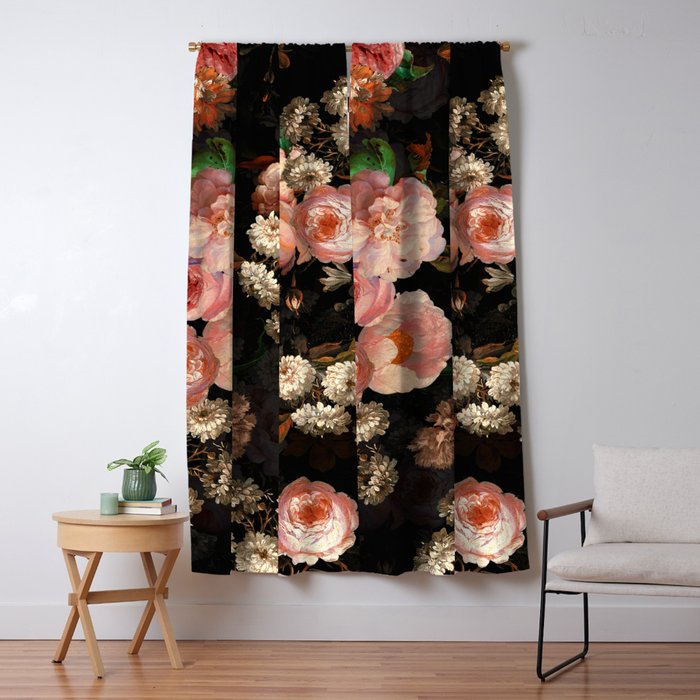 Antique Botanical Shiny Peach Roses And Chamomile Midnight Garden 2 Window Curtain Gallery Image 5