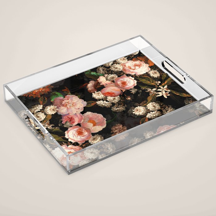 Antique Botanical Shiny Peach Roses And Chamomile Midnight Garden 2 Acrylic Tray Gallery Image 1