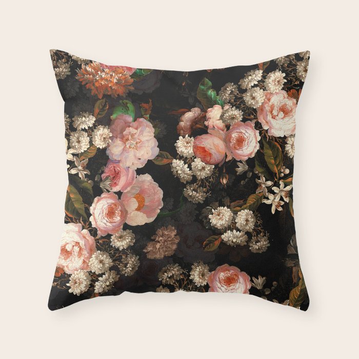 Antique Botanical Shiny Peach Roses And Chamomile Midnight Garden 2 Throw Pillow Gallery Image 1