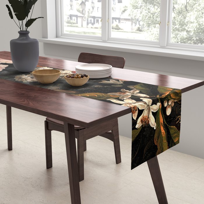 Antique Botanical Shiny Peach Roses And Chamomile Midnight Garden 2 Table Runner Gallery Image 2