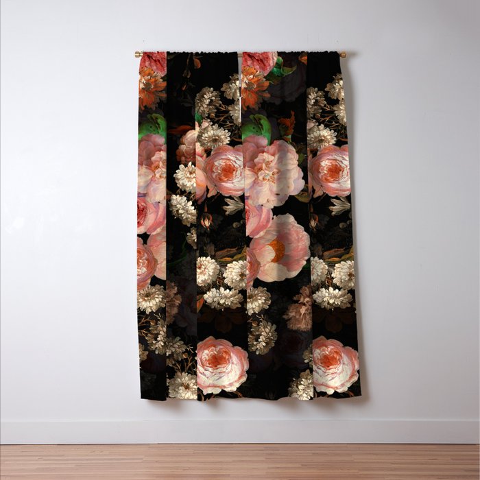 Antique Botanical Shiny Peach Roses And Chamomile Midnight Garden 2 Window Curtain Gallery Image 3