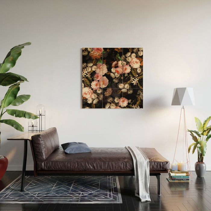 Antique Botanical Shiny Peach Roses And Chamomile Midnight Garden 2 Wood Wall Art Gallery Image 2