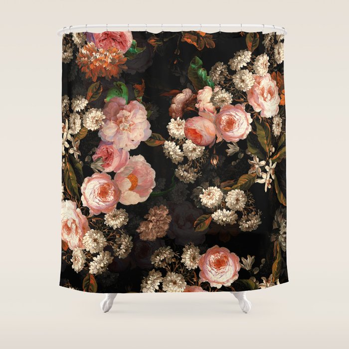 Antique Botanical Shiny Peach Roses And Chamomile Midnight Garden 2 Shower Curtain Gallery Image 1
