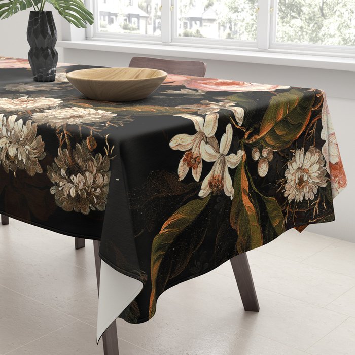Antique Botanical Shiny Peach Roses And Chamomile Midnight Garden 2 Tablecloth Gallery Image 3