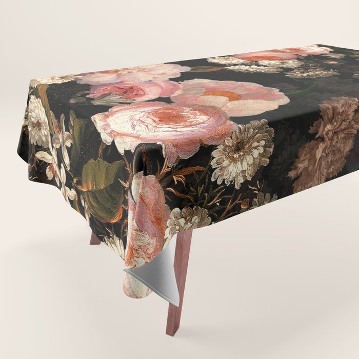 Antique Botanical Shiny Peach Roses And Chamomile Midnight Garden 2 Tablecloth Gallery Image 1