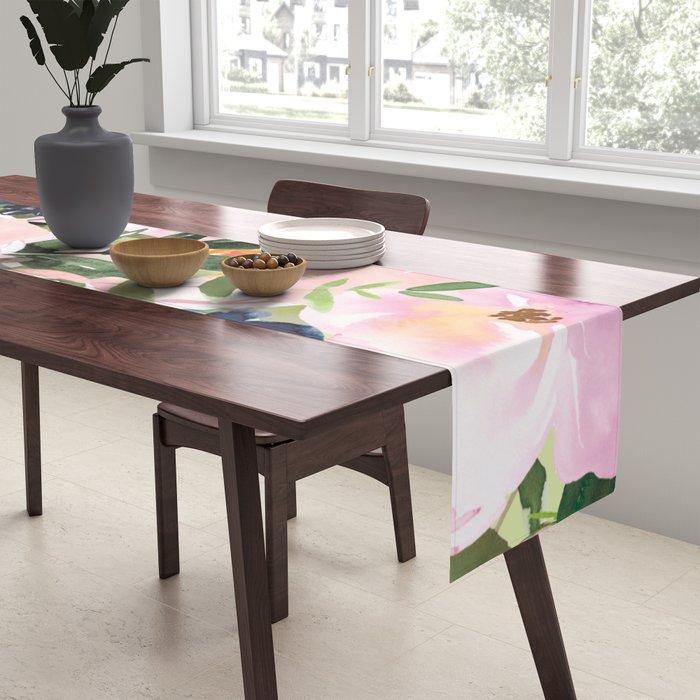Floral Watercolor Roses Bouquet, Lime Green and Pink Table Runner Gallery Image 2