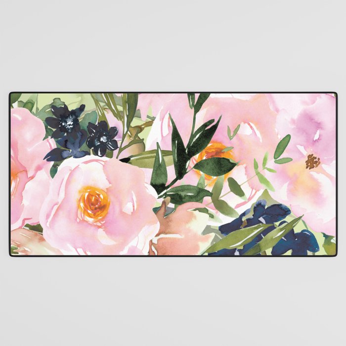 Floral Watercolor Roses Bouquet, Lime Green and Pink Desk Mat Gallery Image 3