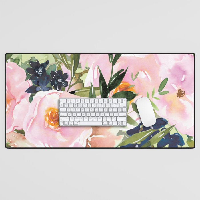 Floral Watercolor Roses Bouquet, Lime Green and Pink Desk Mat Gallery Image 1