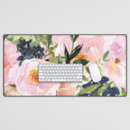 Floral Watercolor Roses Bouquet, Lime Green and Pink Desk Mat Gallery Image 1