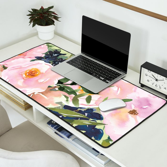 Floral Watercolor Roses Bouquet, Lime Green and Pink Desk Mat Gallery Image 2